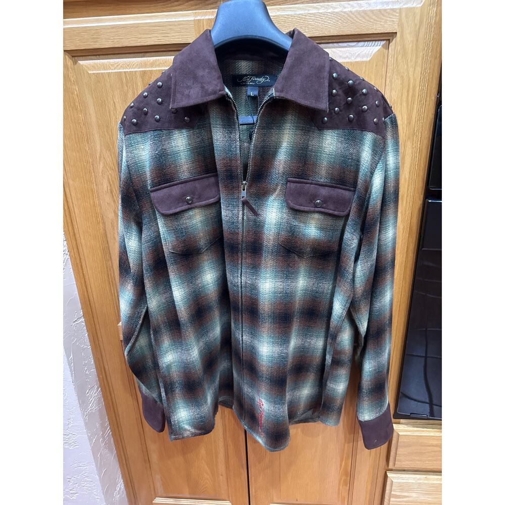 Large Ed Hardy by Christian Audigier Plaid Western Shirt with Studded Shoulders - Picture 2 of 5